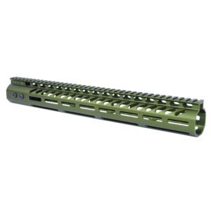 Olive green M-LOK AR-style rifle handguard with top rail for tactical accessories and woodland use.