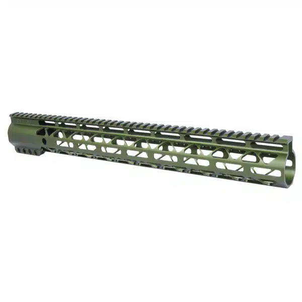 Olive green M-LOK rifle handguard with Picatinny rail, lightweight, aluminum, AR-15 compatible.