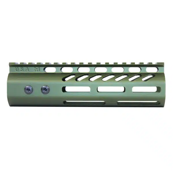 Olive green M-LOK rifle handguard with tactical design and military-style cut-outs.