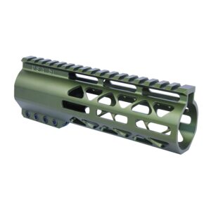 Olive green AR-15 handguard with Picatinny rail and M-LOK slots for tactical customization.