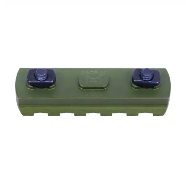 Olive green Picatinny rail attachment for tactical gear with two securing screws.