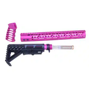 AR-15 Ultralight Series furniture set in anodized pink and matte black. Includes M-Lok handguard, pistol grip, and micro stock assembly.