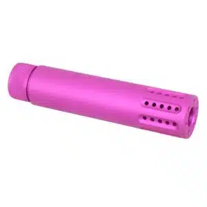 Bright pink AR-15 suppressor with textured cap and vents for custom firearm aesthetics.