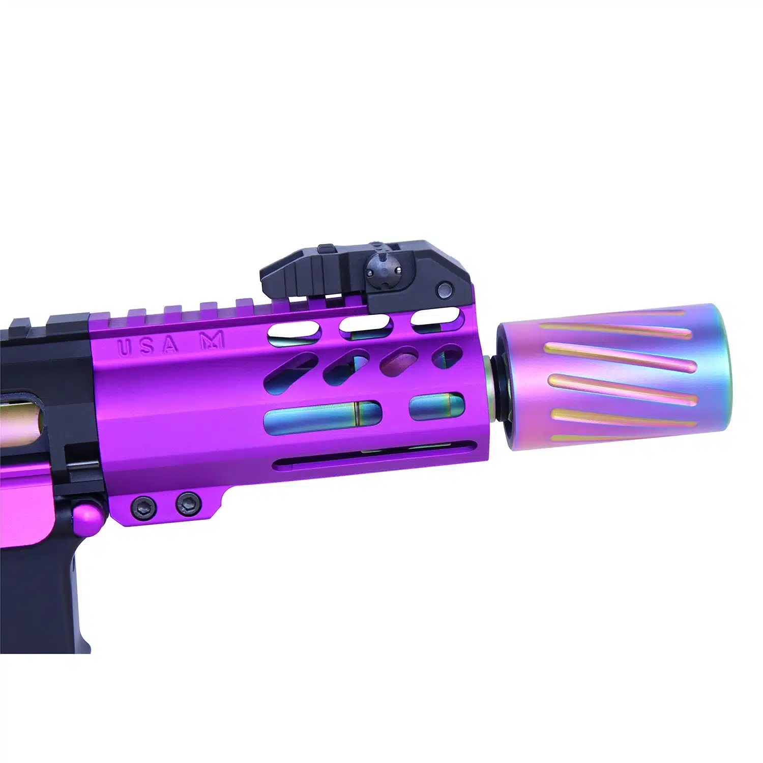 Purple AR-15 upper receiver with rainbow PVD muzzle comp and QD blast shield