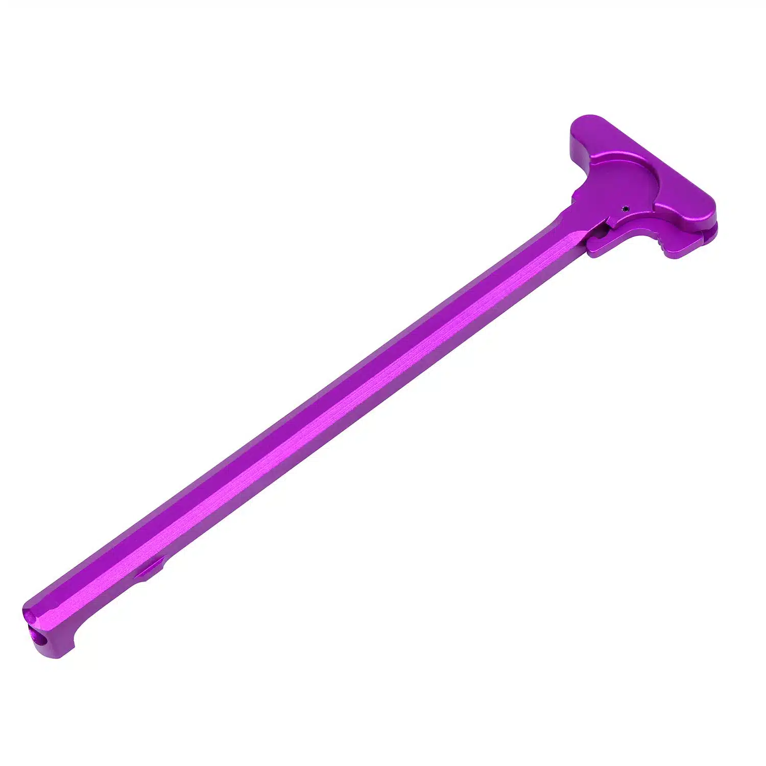 Anodized purple AR-10 charging handle with T-handle grip and Mil-Spec latch.