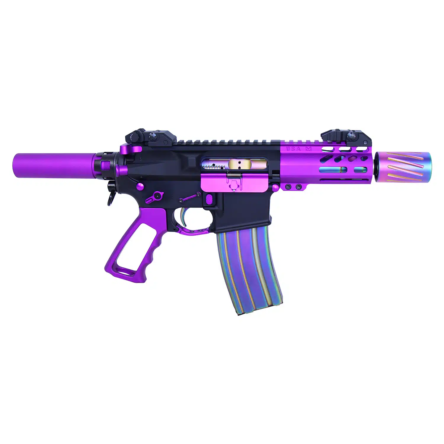 AR-15 Muzzle Comp With QD Blast Shield in Rainbow PVD Coated finish