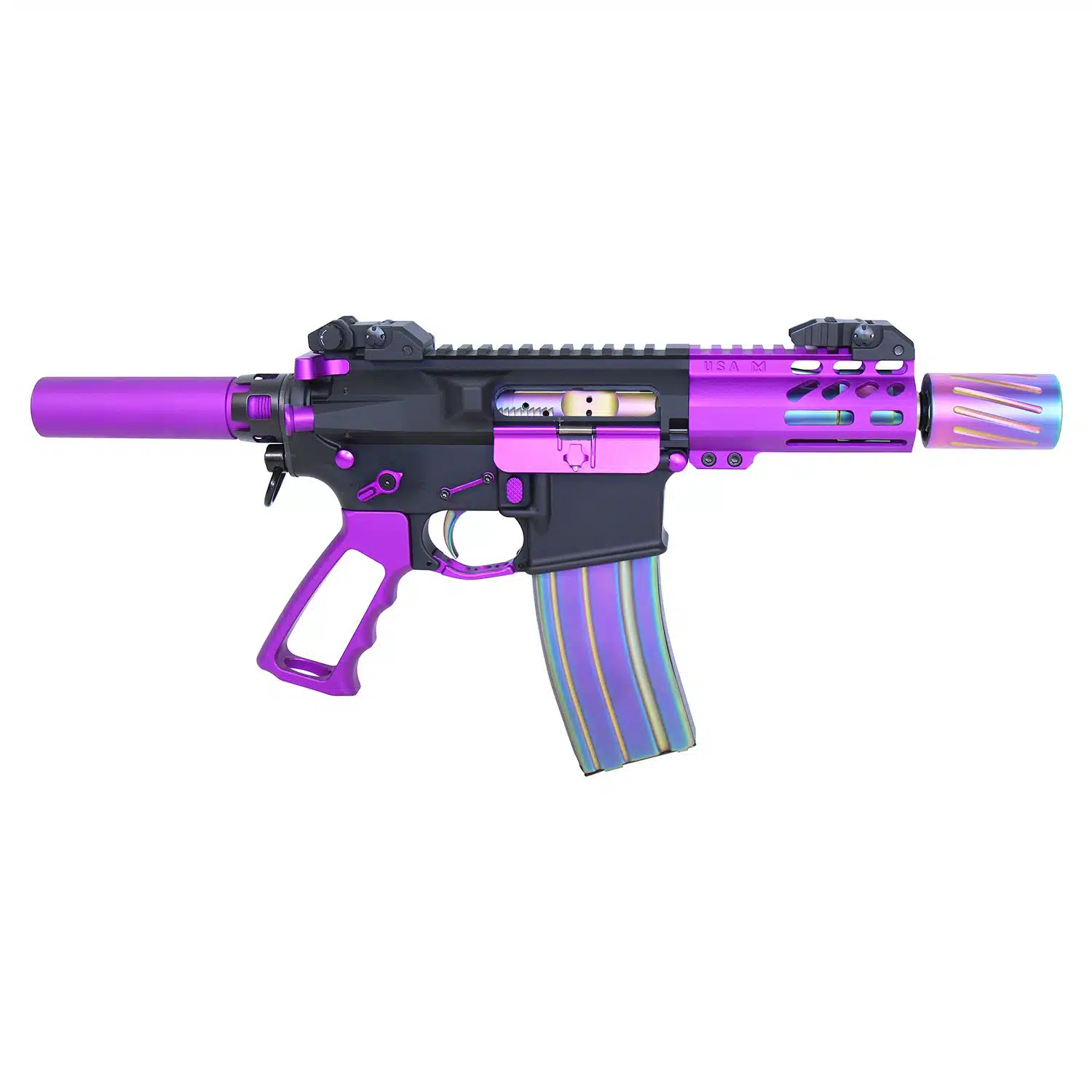 AR-15 Muzzle Comp with QD Blast Shield in Matte Rainbow PVD Coated finish