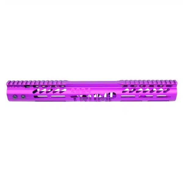 Vibrant anodized purple M-LOK handguard for rifle customization, lightweight aluminum, 15 inches.