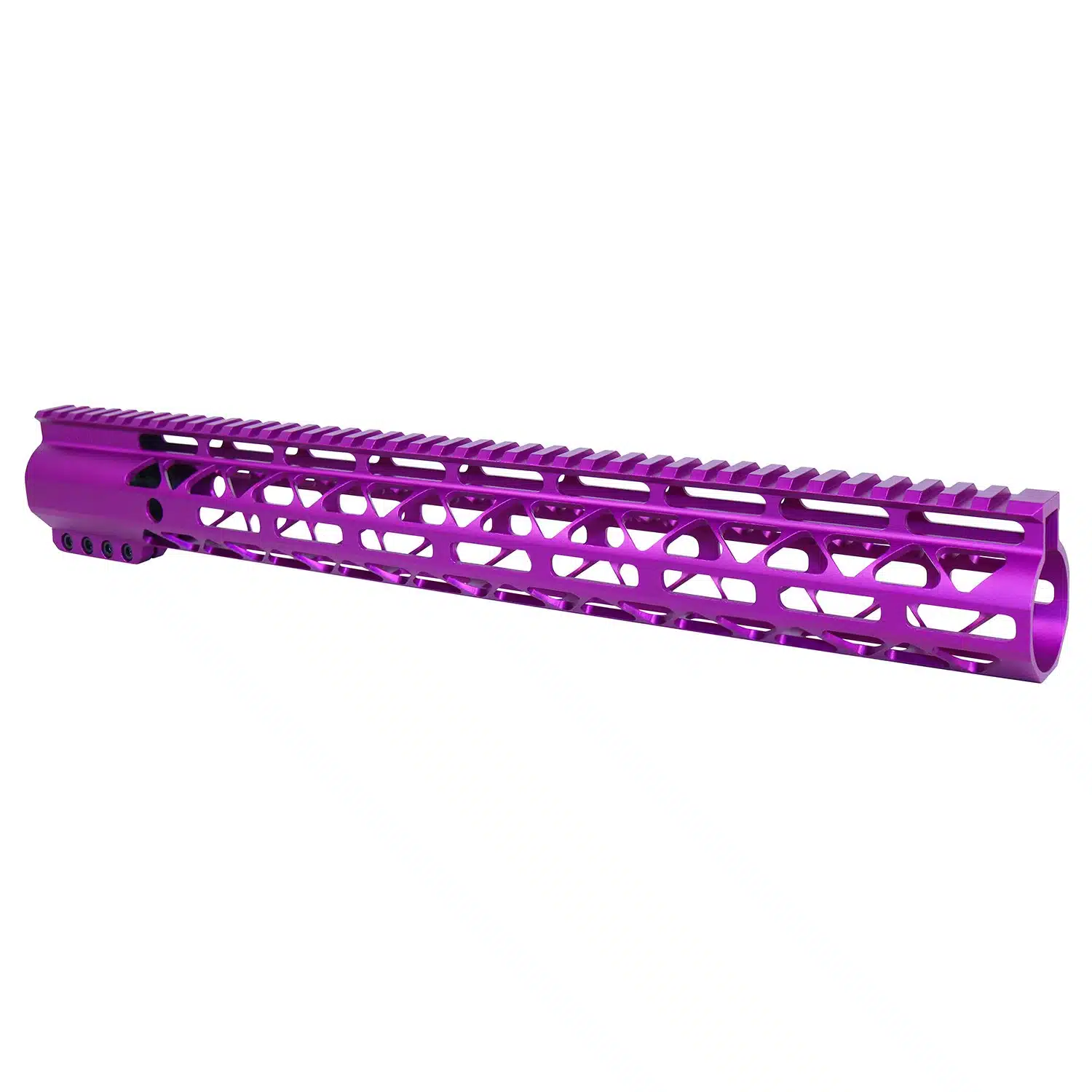 Anodized purple 16.5 inch M-LOK handguard with monolithic top rail and skeletonized body
