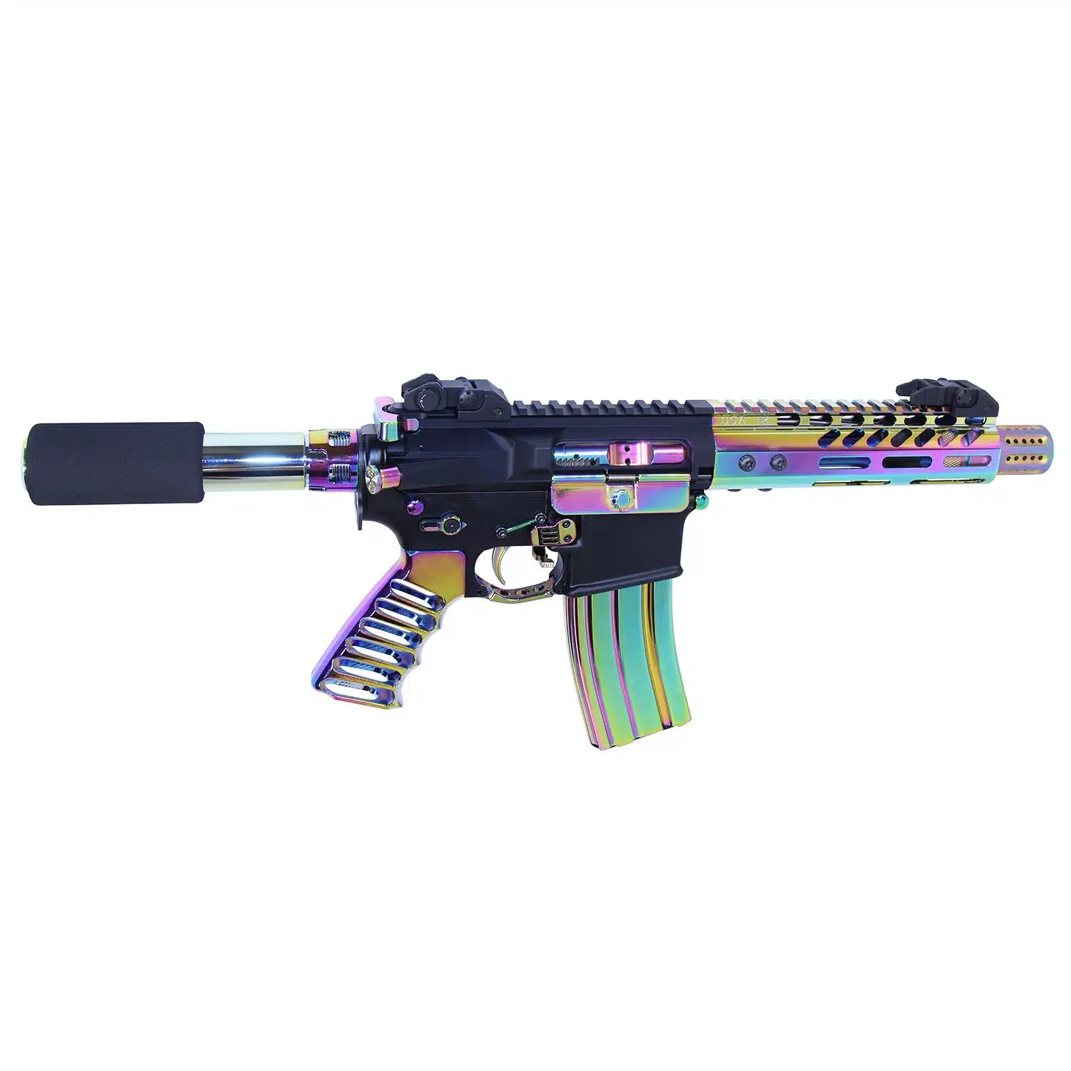 AR-15 bolt carrier group with gloss rainbow PVD finish on white background