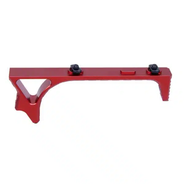 Red polymer angled foregrip for AR-15, enhances control, attaches to picatinny rails, ergonomic design.