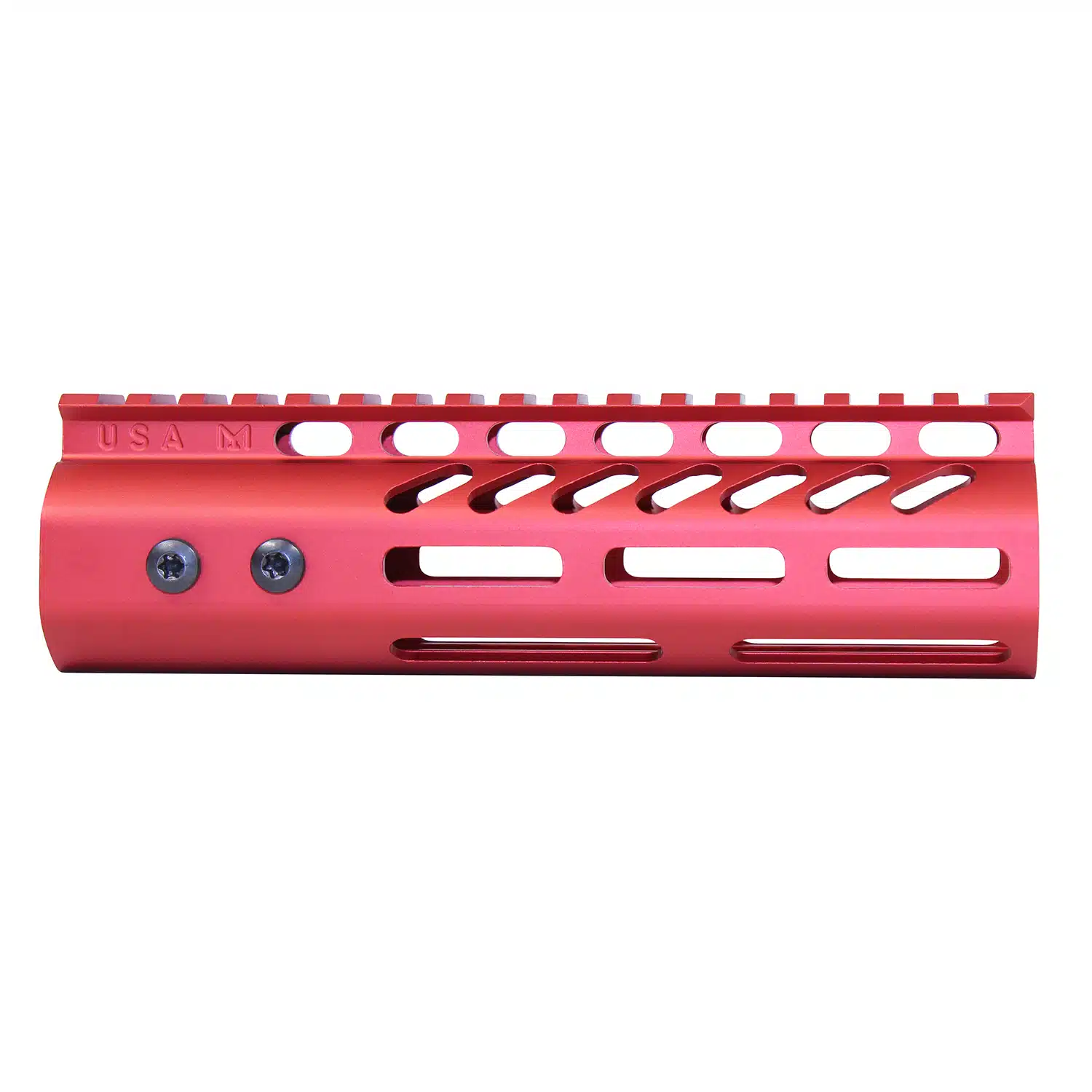 7 inch anodized red AR handguard with monolithic top rail and M-LOK slots