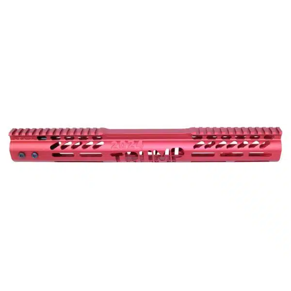 Red anodized M-LOK handguard for AR rifles with custom ventilation and accessory slots.