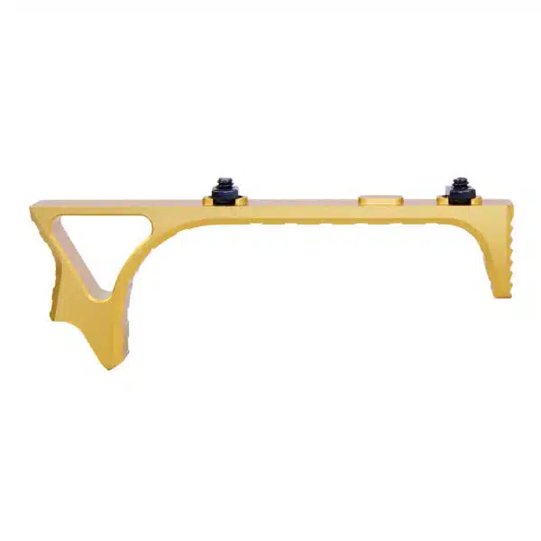 Yellow polymer tactical foregrip with ergonomic design for firearms, enhances control and comfort.