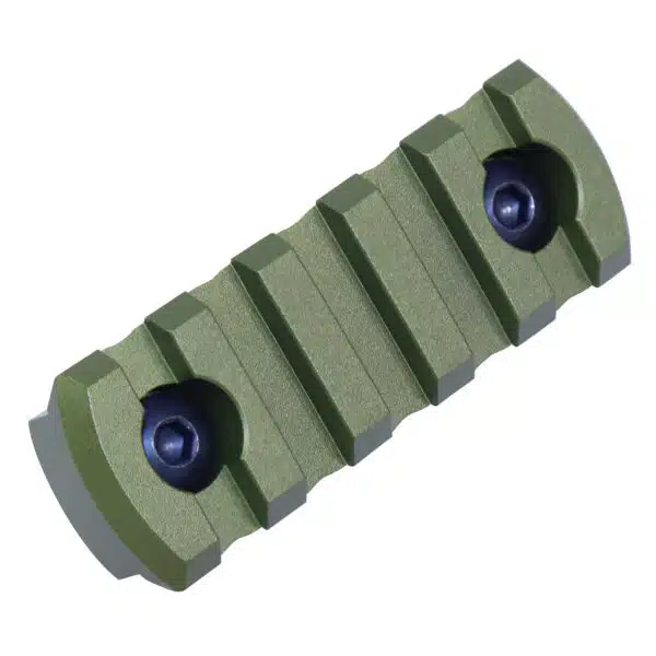 Olive green tactical rail mount for attaching firearm accessories, featuring ribbed design and durable material.