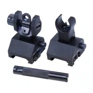 Black flip-up front and rear iron sights with knurled adjustment tool