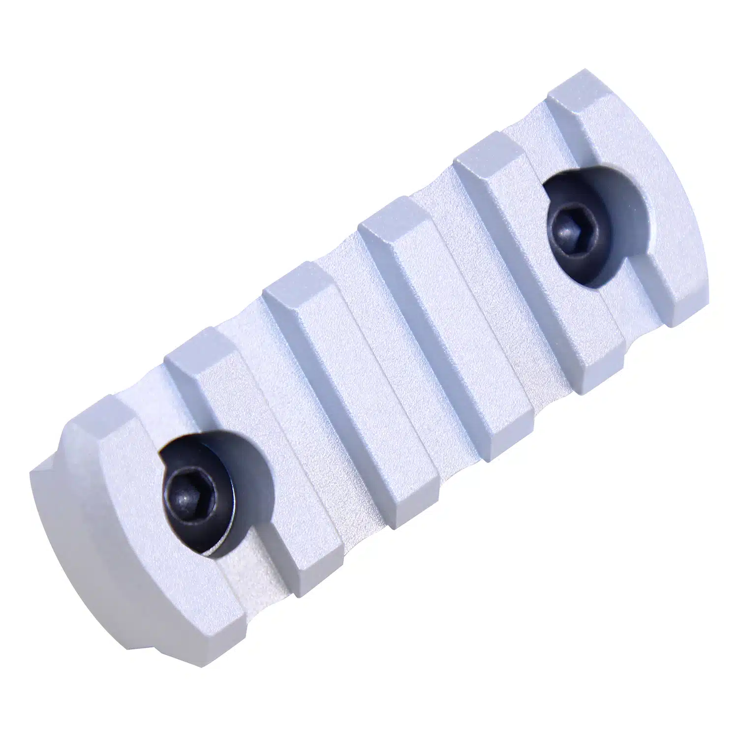 Anodized clear 2.25 inch M-LOK accessory rail with black mounting screws and rounded edges