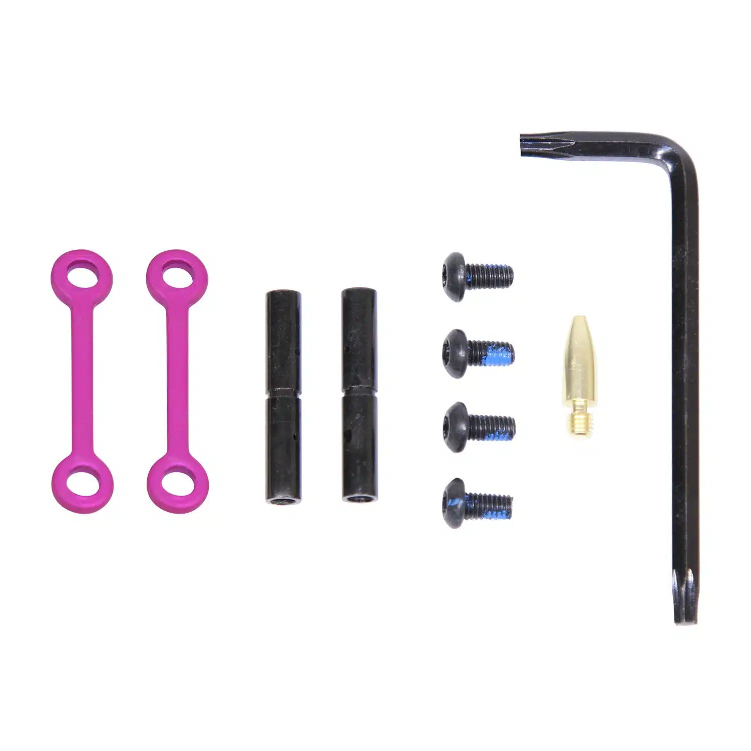 AR-15 anti-rotation trigger and hammer pin set in anodized pink finish with included Allen key