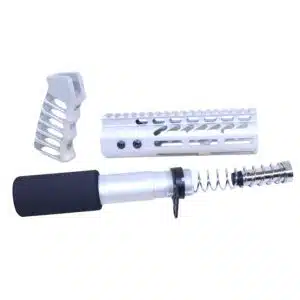 AR .308 pistol furniture set with anodized clear finish, including grip, handguard, and buffer tube assembly.