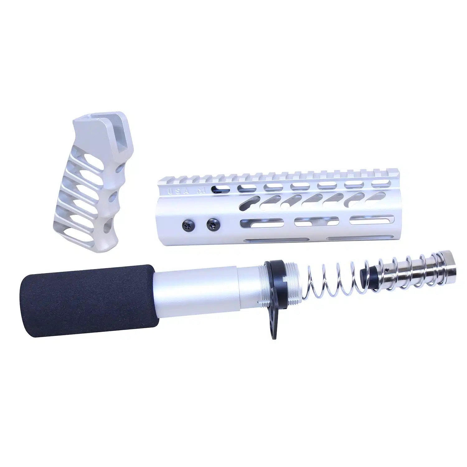 AR .308 pistol furniture set with anodized clear finish, including grip, handguard, and buffer tube assembly.