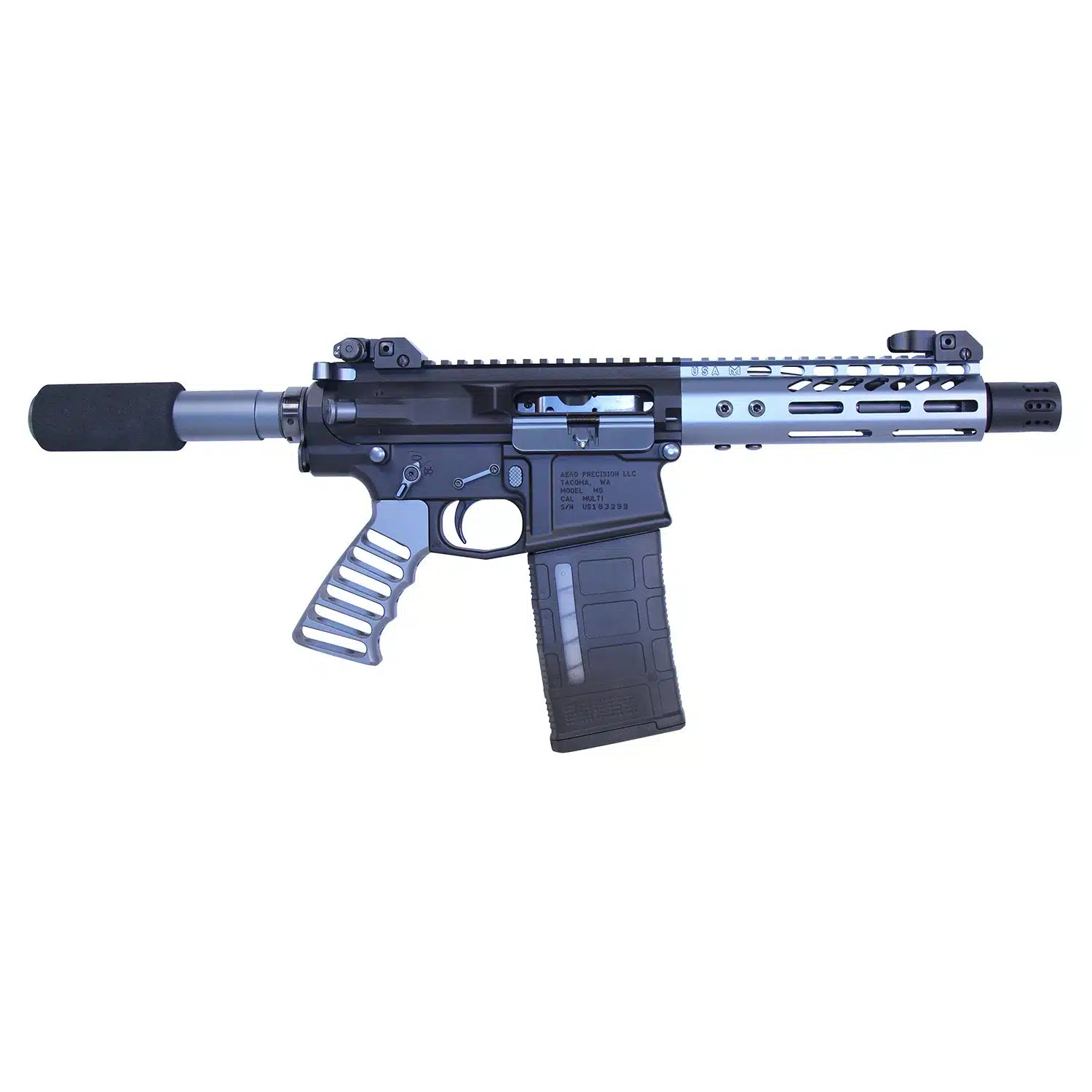 AR .308 pistol furniture set in anodized grey finish on a black receiver.