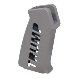Gray ergonomic tactical pistol grip for AR rifles with ventilation slots for improved control and comfort.