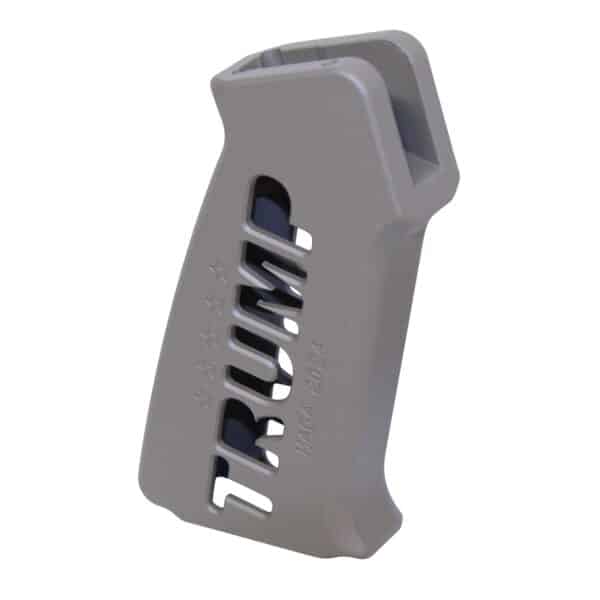 Gray ergonomic tactical pistol grip for AR rifles with ventilation slots for improved control and comfort.