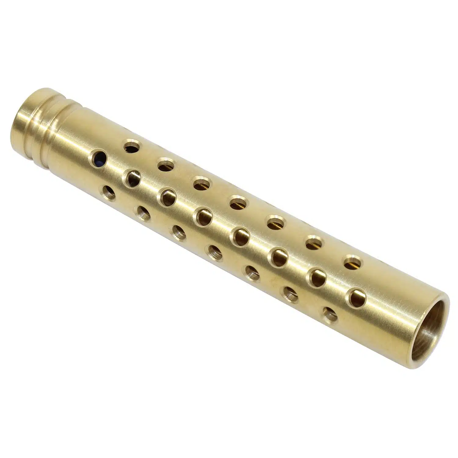 Tin coated AR-15 muzzle brake with XM177 style multi-porting and gold titanium nitride finish