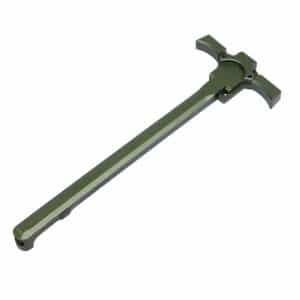 Olive green AR-15 charging handle, military-style, durable, functional, matte finish, aircraft-grade aluminum.