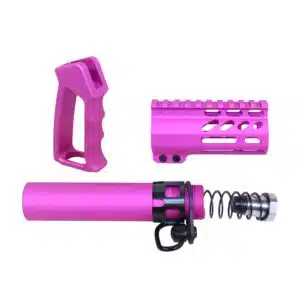 Pink AR-15 accessories: ergonomic grip, buffer tube, lightweight handguard with M-LOK slots.