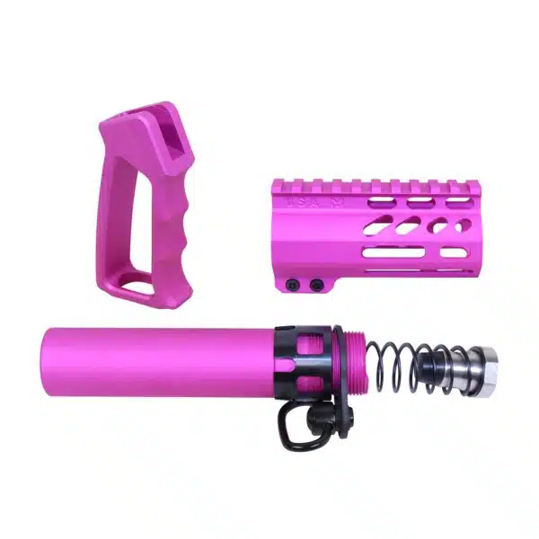 Pink AR-15 accessories: ergonomic grip, buffer tube, lightweight handguard with M-LOK slots.