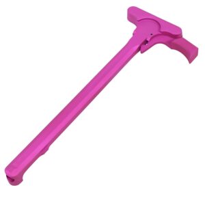 Bright pink anodized AR-15 charging handle with gloss finish on white background.