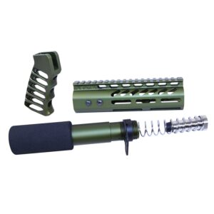 AR .308 pistol furniture set in anodized green featuring grip, handguard, and buffer tube.