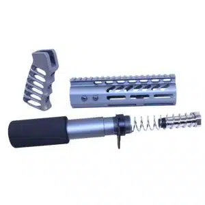 AR .308 pistol furniture set in anodized grey finish, including grip, handguard, and buffer tube assembly.