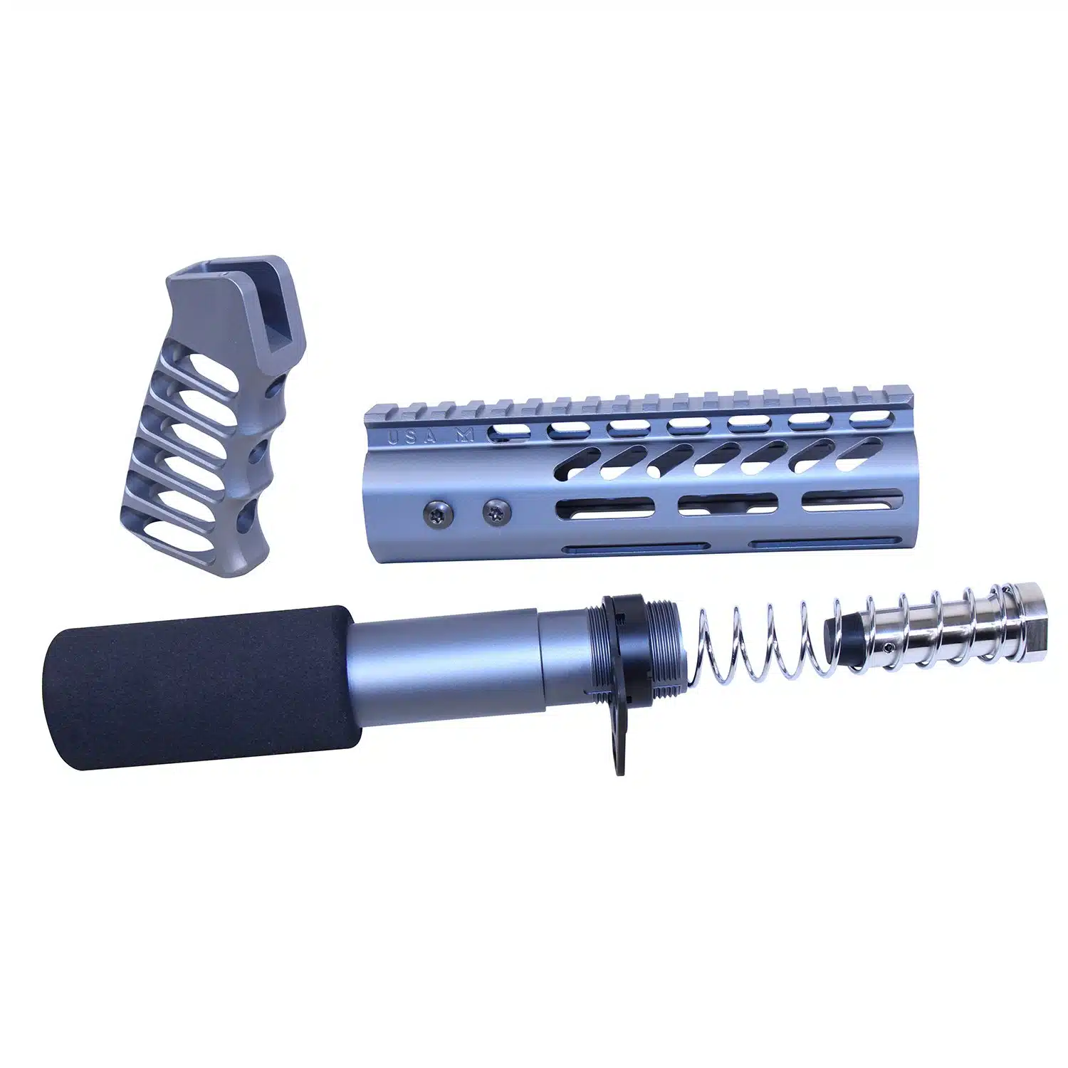 AR .308 pistol furniture set in anodized grey finish, including grip, handguard, and buffer tube assembly.