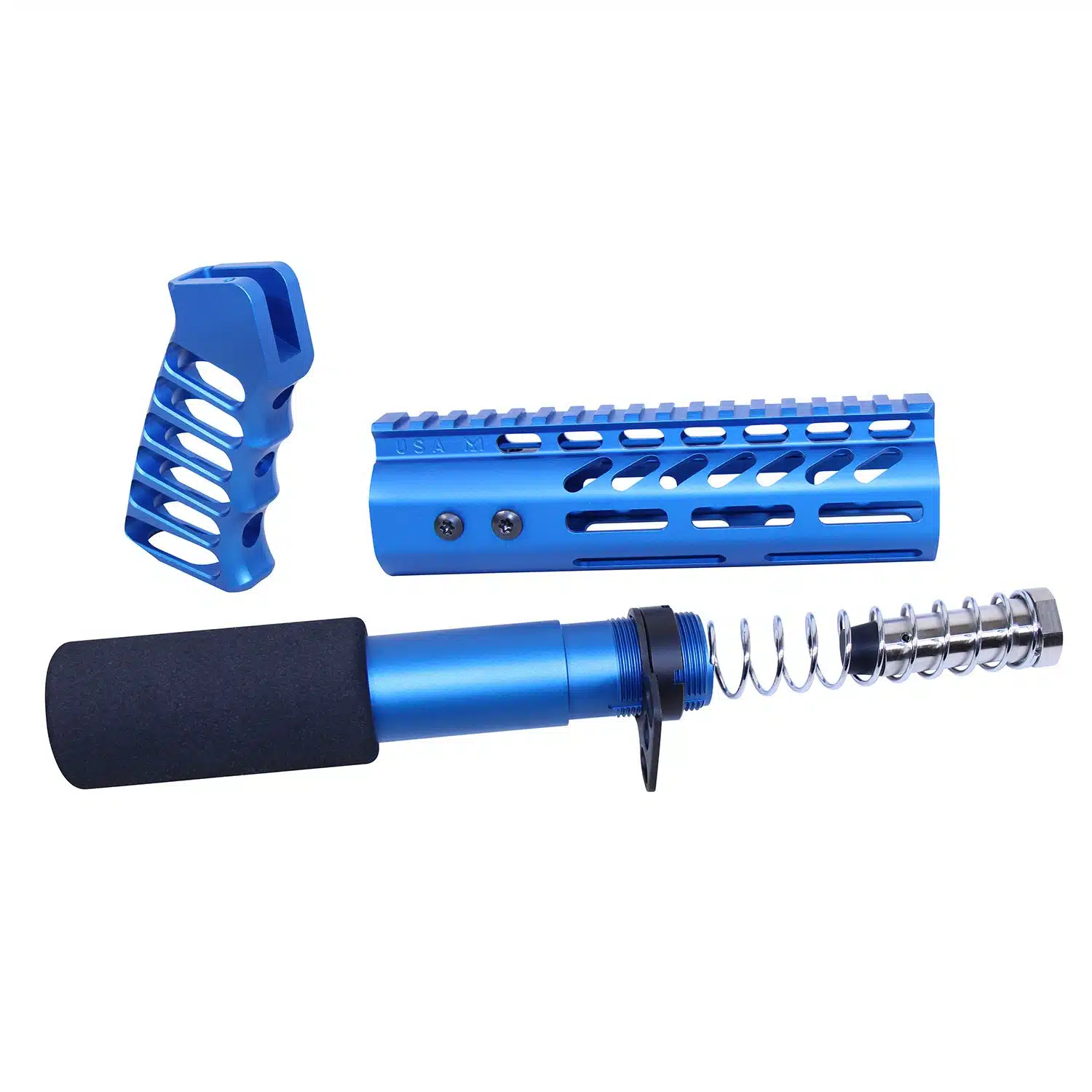 AR .308 pistol furniture set in anodized blue finish including grip, handguard, and buffer tube.
