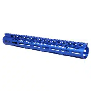 Anodized blue 15-inch M-LOK handguard with monolithic top rail for .308 caliber