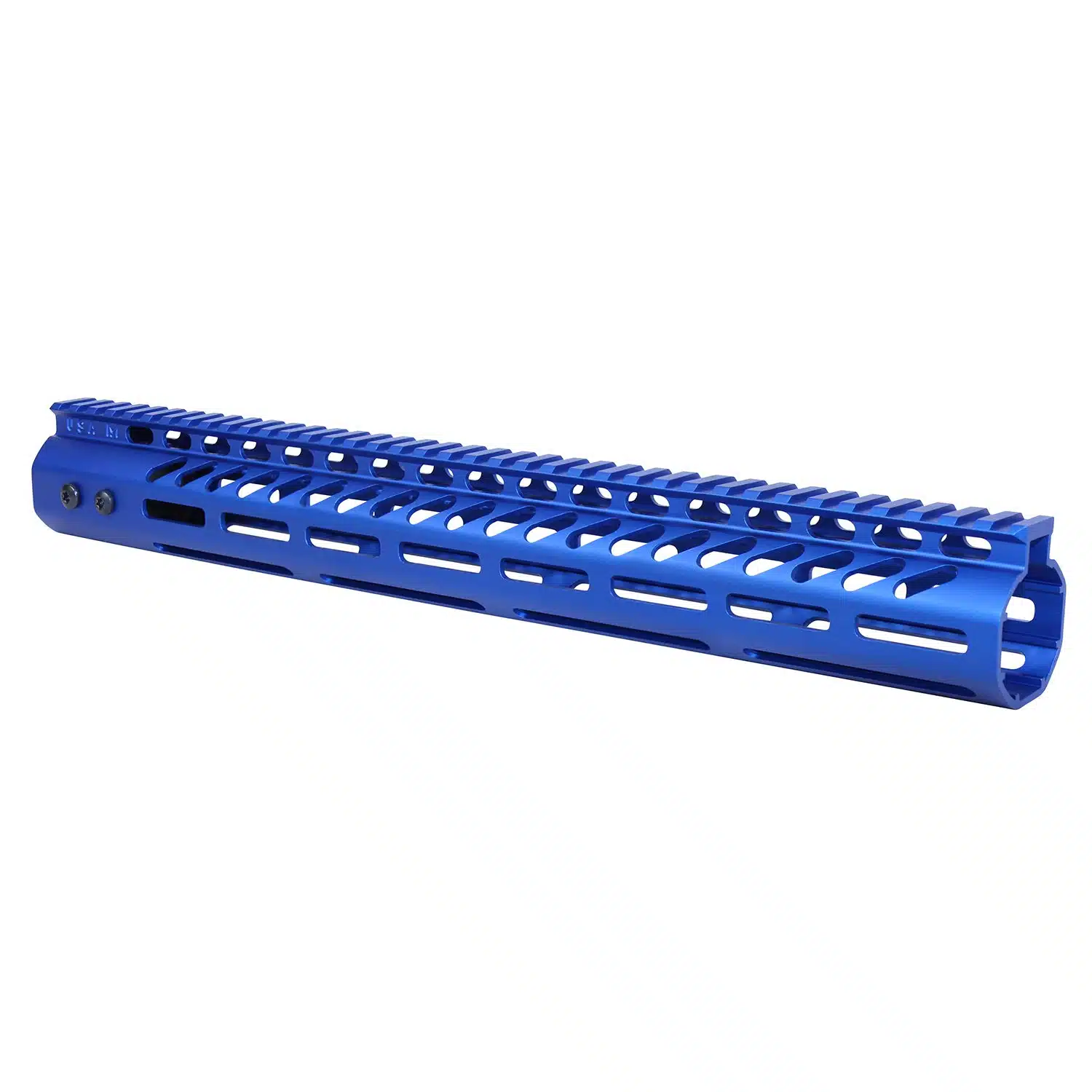 Anodized blue 15-inch M-LOK handguard with monolithic top rail for .308 caliber