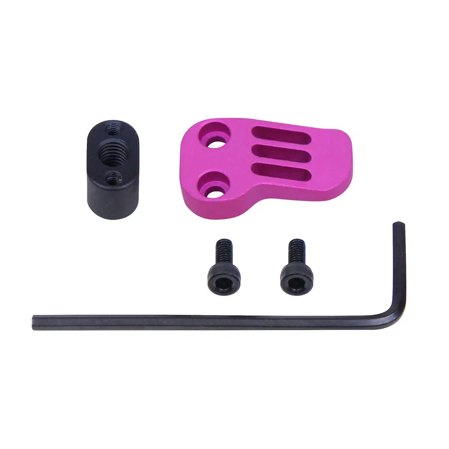 AR-15 extended mag catch paddle release in anodized pink finish with black adapter, screws, and hex wrench
