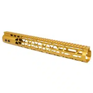 Anodized gold 15-inch Air Lite Series M-LOK free floating handguard with monolithic top rail and skeletonized body