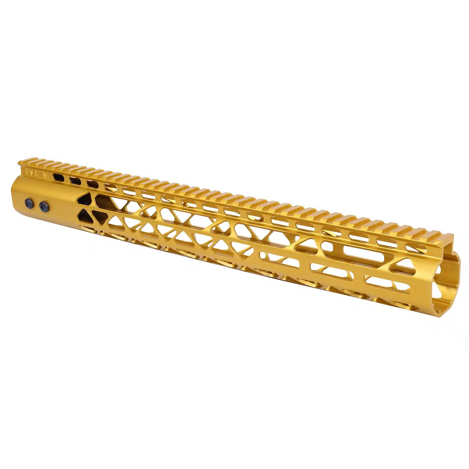 Anodized gold 15-inch Air Lite Series M-LOK free floating handguard with monolithic top rail and skeletonized body