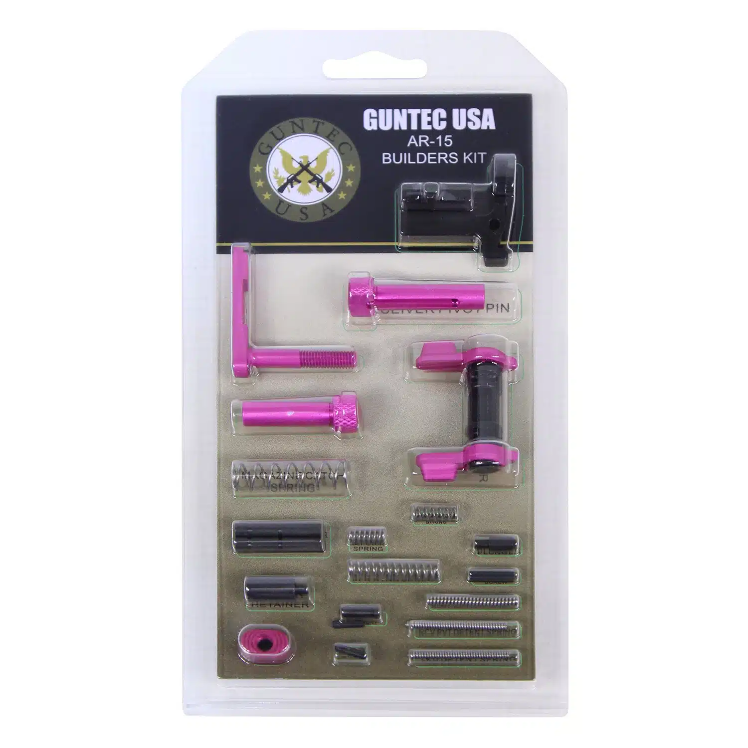 AR-15 Builders Kit with pink anodized parts in blister packaging