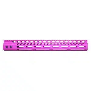 Vivid magenta AR-15 handguard with M-LOK system and heat-dissipating slots.