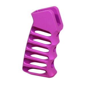 Bright pink AR-15 skeletonized aluminum pistol grip with horizontal cutouts for improved handling.