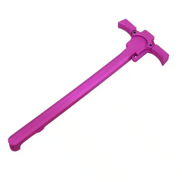 Bright pink AR-15 ambidextrous charging handle with a sleek, durable design for enhanced firearm operation.