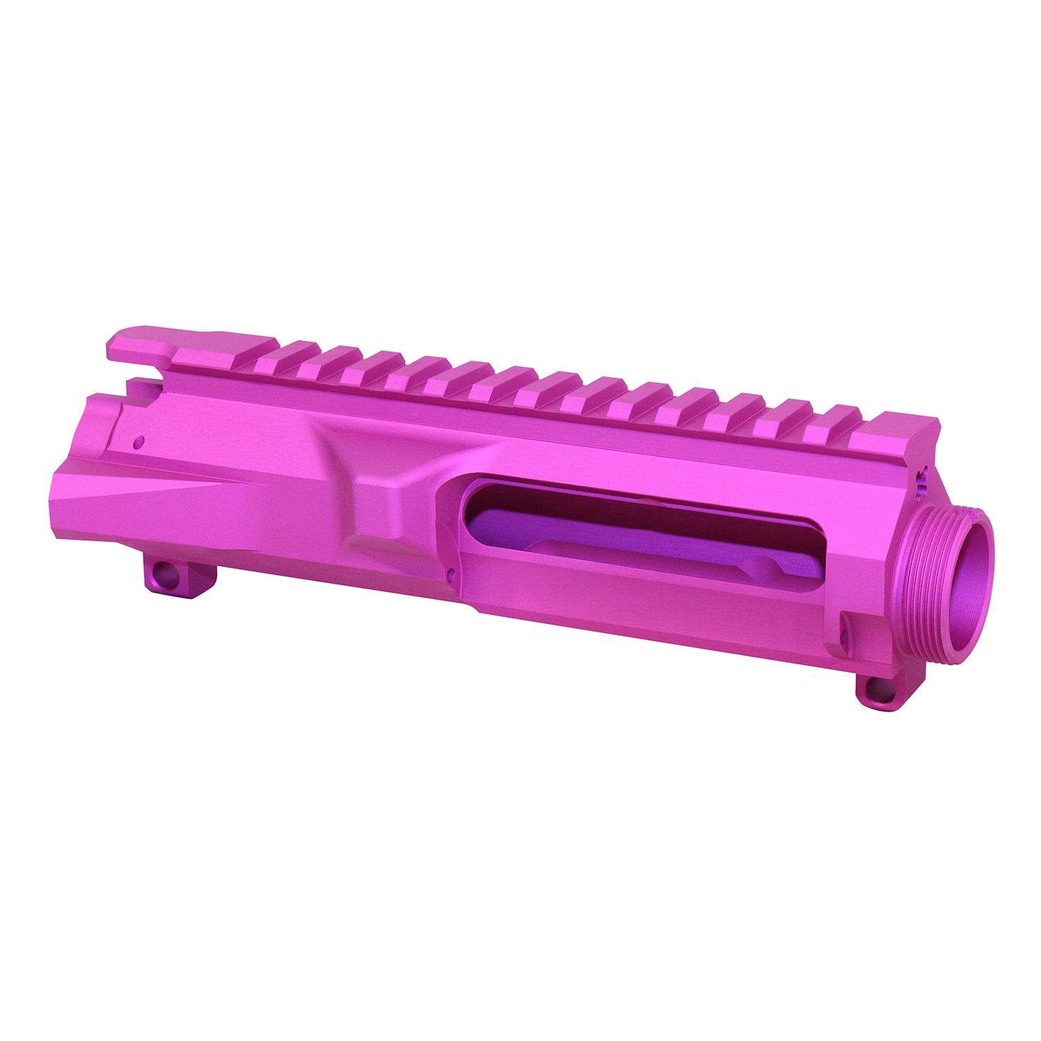 Vibrant pink AR-15 stripped billet upper receiver with picatinny rail.