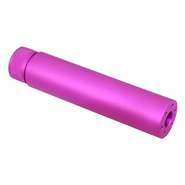 Pink AR-15 5.5-inch fake suppressor, anodized finish, with grooved grip and attachment points.