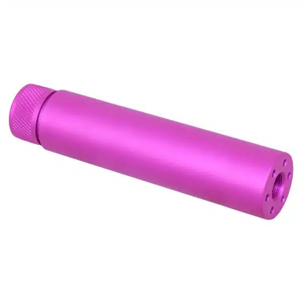 Pink AR-15 slip-over fake suppressor with textured grip and ventilated end.
