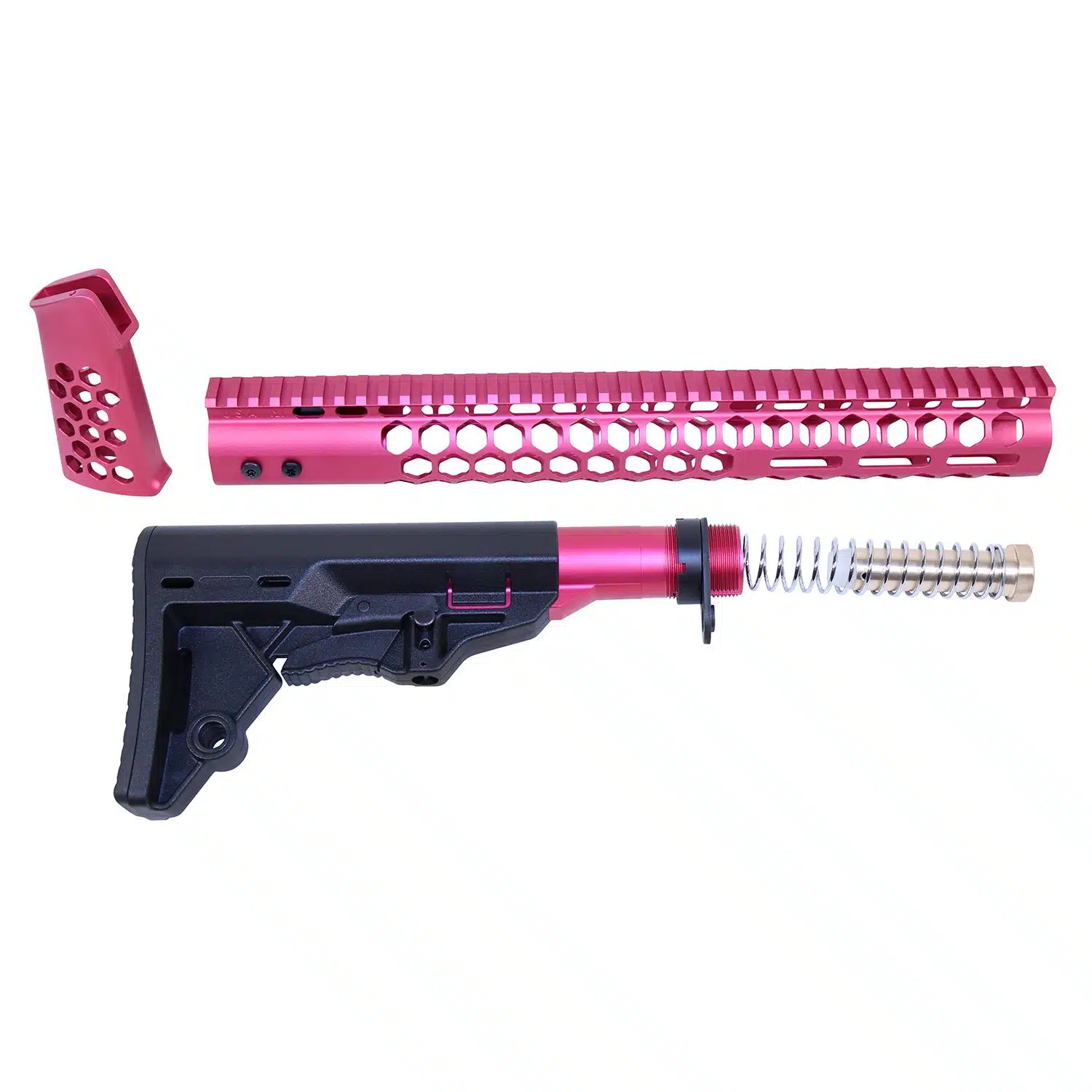 AR-15 Honeycomb furniture set in Anodized Rose finish with black stock and buffer tube components