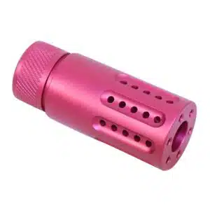 Anodized rose AR-15 micro slip over barrel shroud with multi port muzzle brake, knurled end cap, and visible internal threading.